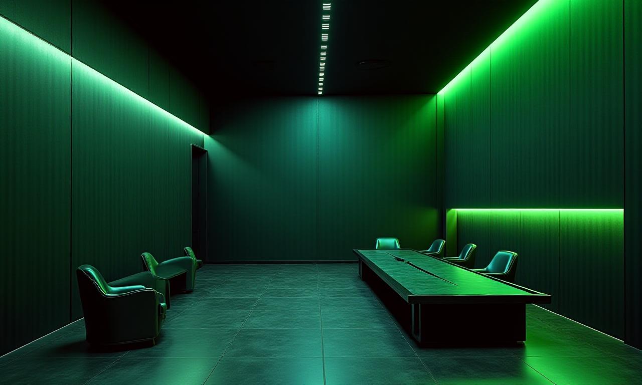 Modern dark-themed meeting room with atmospheric lighting